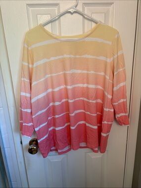 Denim & Co Americana Ombre Stripe 3/4 Sleeve Top - Pink & Peach 1X